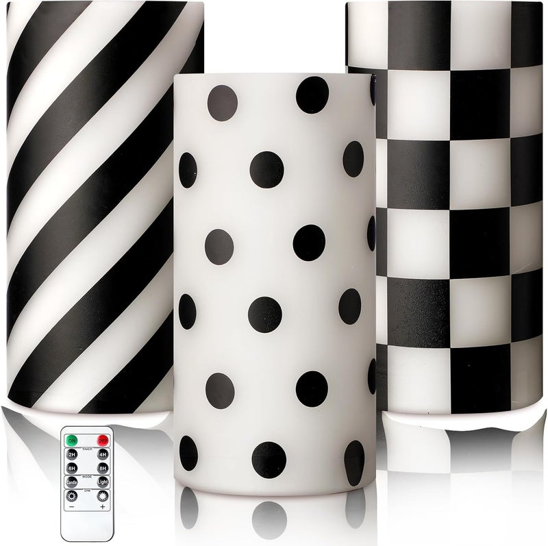 ROCEEI Store 3 Pcs Black and White Checked Flameless Candles Battery Operated LED Candles Flickering Real Wax Decorations for Indoor Holiday Party Table Decor - Image 1